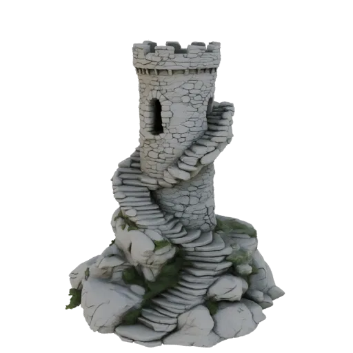 3D model of an ancient stone tower with a spiral staircase and mossy rocks, rendered against a black background.