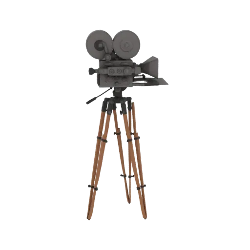 3D model of a vintage film camera with twin lenses, mounted on a wooden tripod, against a black background.