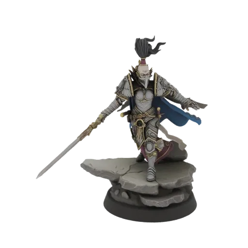 3D model render of an Elven Warrior in ornate armor, holding a sword, standing on a rocky base.