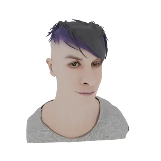 Rendu 3D d'un personnage masculin stylisé aux cheveux sombres et mèches violettes, portant un t-shirt gris.