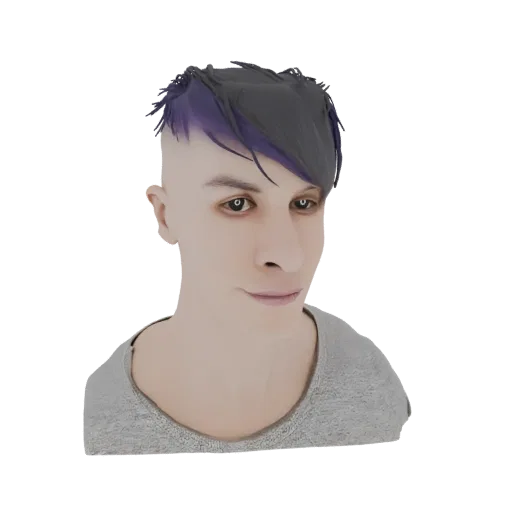 3D model render of a stylized male character with dark hair and purple streaks, wearing a grey t-shirt.