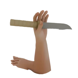 Modello 3D di un coltello da combattimento seghettato tenuto da due braccia umane realistiche con un tono di pelle neutro.