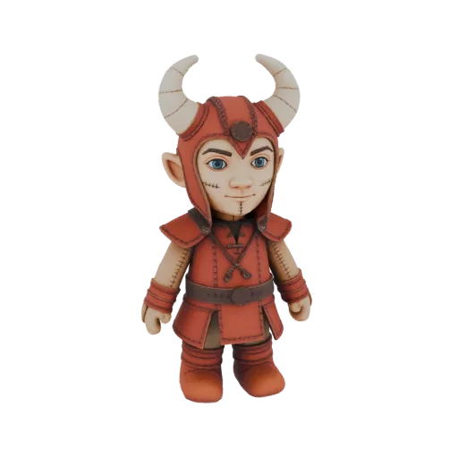 3D model of a stylized fantasy warrior with a red horned helmet and stitched details, standing against a white background.