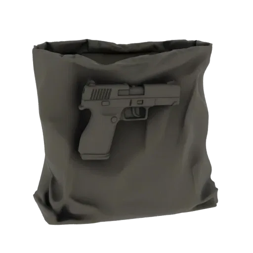 3D model of a pistol partially hidden inside a dark, flexible fabric bag.