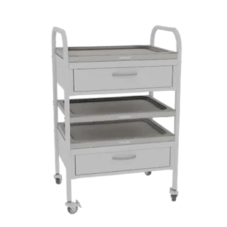 Renderização 3D de um carrinho médico branco com duas gavetas e duas bandejas abertas, sobre rodas.