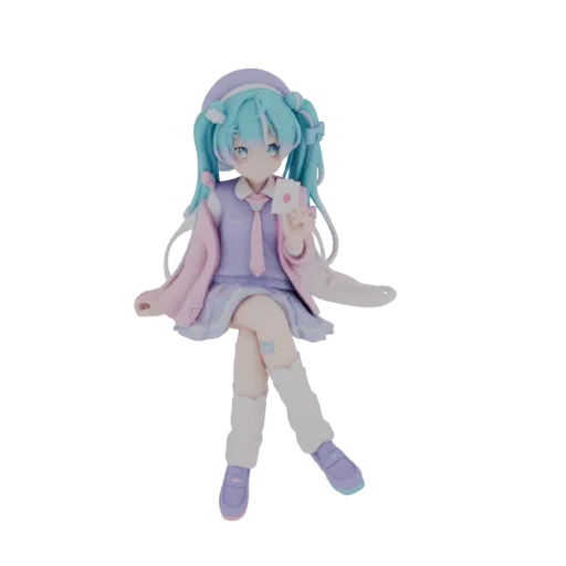 3D model of a pastel anime girl with blue twin-tails, wearing a pink and purple outfit, sitting and holding a playing card.