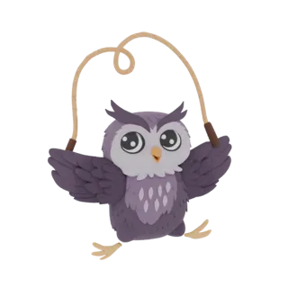 A 3D model of a cute, cartoonish purple owl with large eyes, joyfully jumping with a brown jump rope.