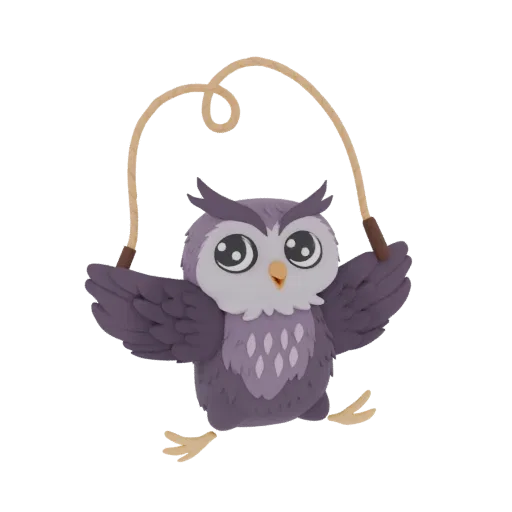 A 3D model of a cute, cartoonish purple owl with large eyes, joyfully jumping with a brown jump rope.