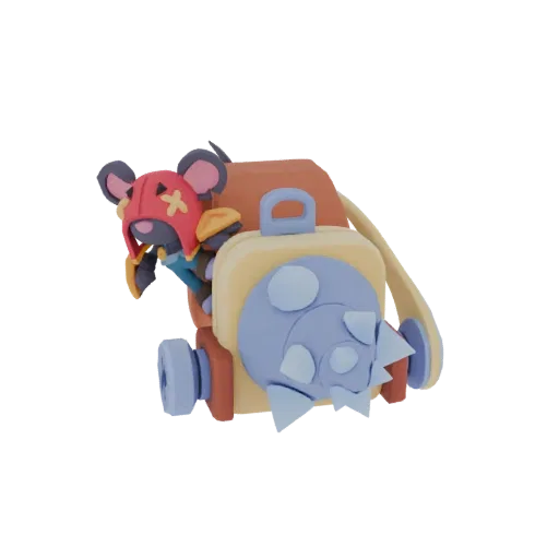 3D model of a Roly-Poly Mouse character wearing a red bandana, peeking from behind a spiky, oversized cannon.