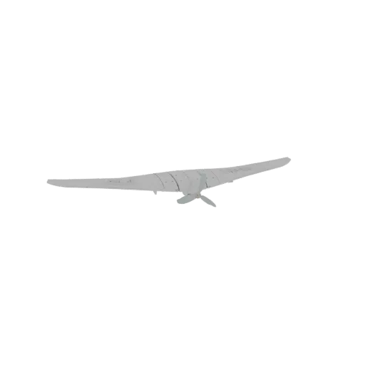 3D-Modell des Horten Ho 229 Nurflüglers, von der Seite betrachtet mit seinen charakteristischen Pfeilflügeln und Doppelstrahl