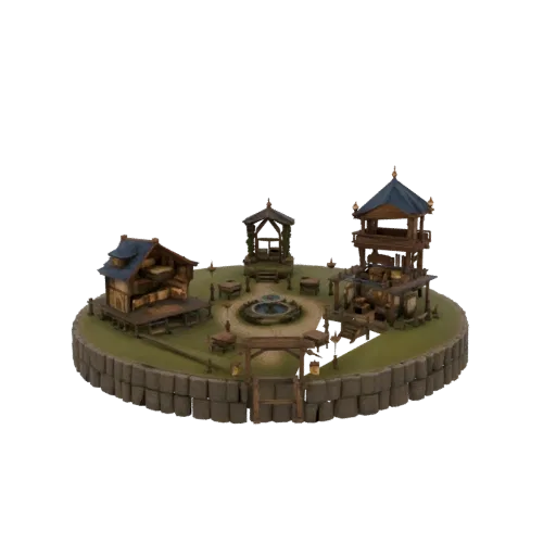 Modello 3D di un diorama di villaggio fantasy con fontana centrale, alta torre di guardia, casa, gazebo e muro di pietra.