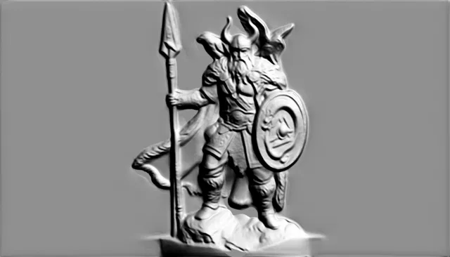 3D-Modell eines Wikinger-Basreliefs mit Schild und Speer, in Grau gehalten, mit hoher Detailgenauigkeit.