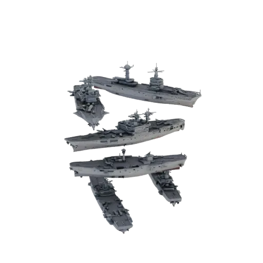 3D model of Soviet aircraft carrier 'Ulyanovsk' in gray on a black background, top and side view