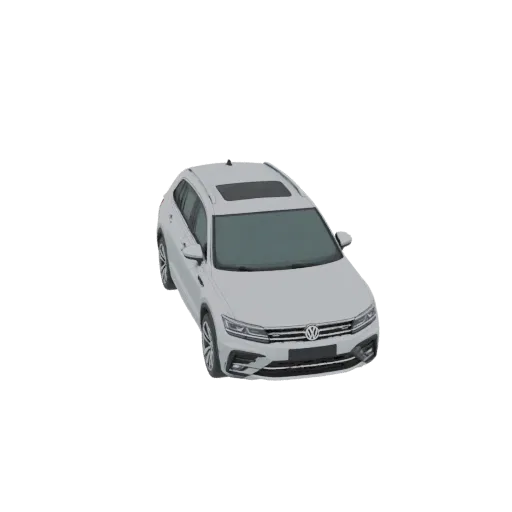 Vista dall'alto di un modello 3D di una Volkswagen Tiguan station wagon argento con tetto apribile.