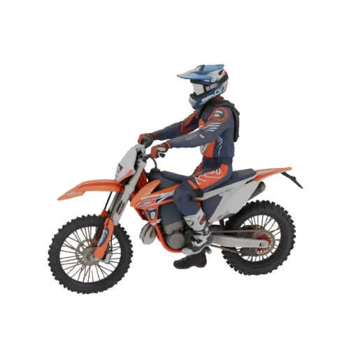 3D-Modell Motorradfahrer in voller Ausrüstung auf KTM Enduro