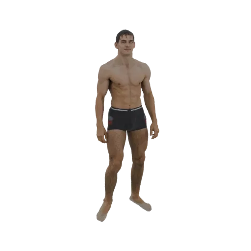 3D model of a muscular man with short brown hair, wearing black swim trunks, standing with arms at his sides.