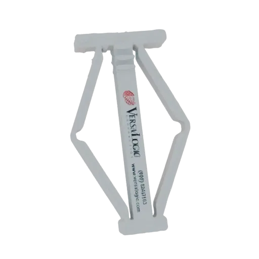 3D model of a white plastic VersaLogic cable clip with the company logo visible