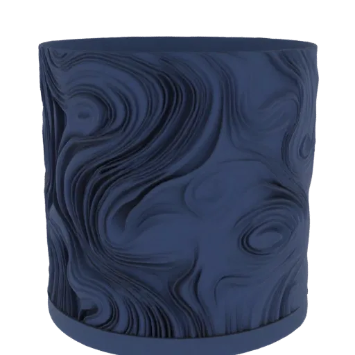 3D model of a cylindrical planter with abstract swirling patterns in a matte navy blue finish.