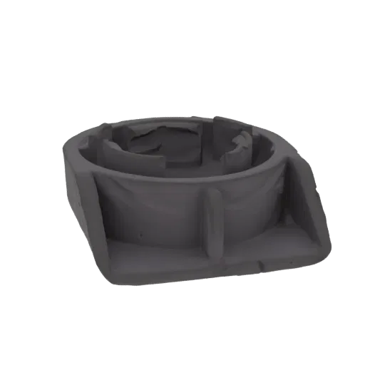 3D render of a detailed industrial gearbox housing with visible internal gears and a metallic texture.