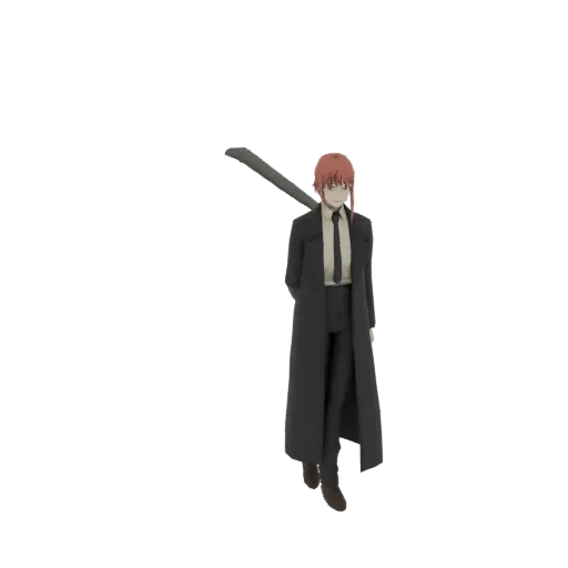 3D model of Makima from Chainsaw Man, wearing a long black coat and carrying a large chainsaw sword over her shoulder.
