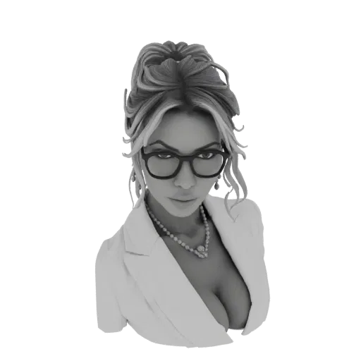 Grayscale 3D model of a glamorous businesswoman wearing glasses, a pearl necklace, and a blazer, with her hair styled up.