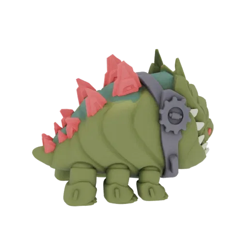 3D model of a green steampunk dinosaur with pink spikes and grey gear accents, shown from the side against a black background