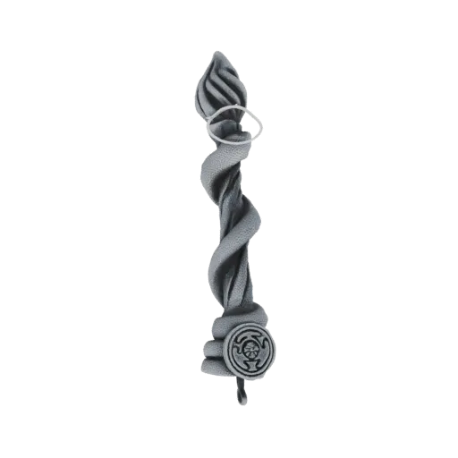 3D model of a gray, twisted cord with a circular, engraved symbol pendant at the bottom.
