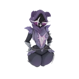3D model of a purple hooded warrior with spiked armor and a mask, posed dynamically.
