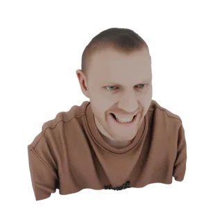 3D-Modell-Rendering einer Männerbüste mit einem breiten, intensiven Grinsen und blauen Augen, trägt ein braunes Sweatshirt.