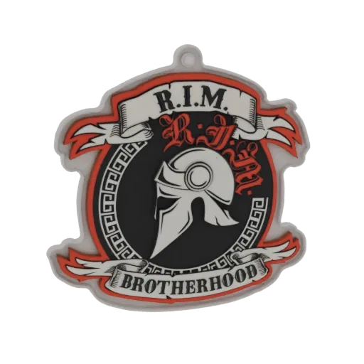 3D model of a Roman gladiator helmet emblem with 'R.I.M. Brotherhood' text, featuring red and black accents.