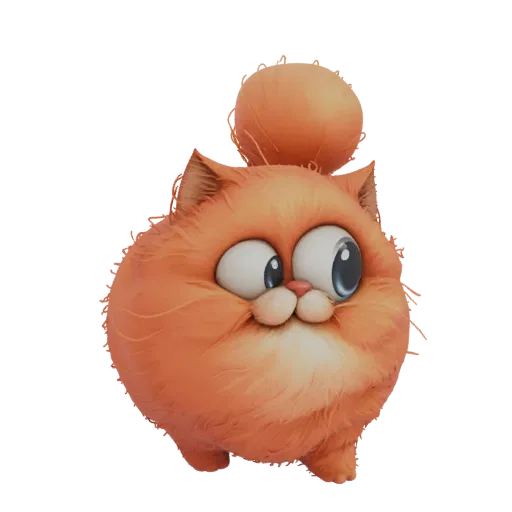 A 3D render of a round, fluffy orange cat with large, cartoonish blue eyes and a playful expression, set against a black back