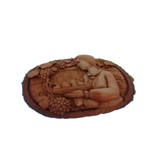 Modello 3D di scultura a bassorilievo ovale con una donna che tiene frutta e circondata da tralci d'uva.