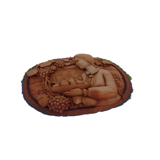Modèle 3D d'une sculpture en bas-relief ovale représentant une femme tenant des fruits et entourée de vignes.