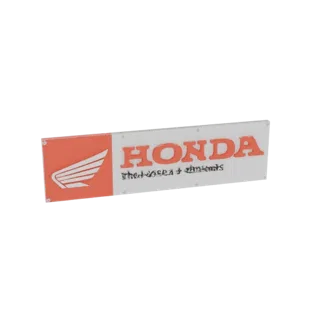 3D render of a rectangular sign featuring the Honda wing logo and 'HONDA' text in orange on a white background.
