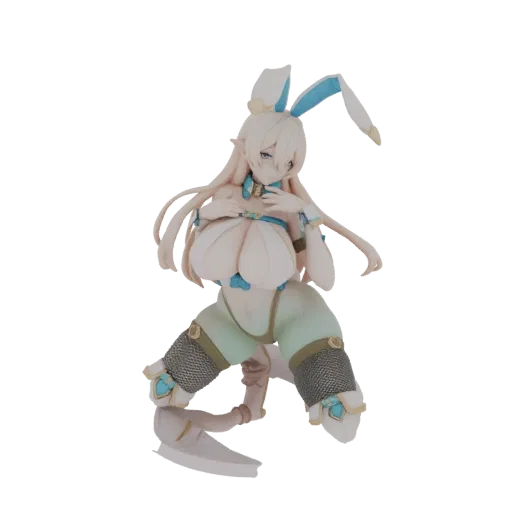 A 3D render of a bunny girl elf character with long blonde hair, bunny ears, and a costume with blue accents, posed dynamical