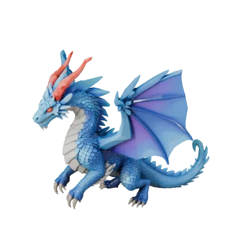 Modelo 3D de Dragão de Gelo Low Poly, vista lateral da câmera de gameplay, asset de animal low-poly com chifres, cristas, sup