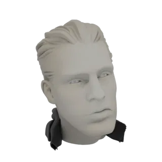 Ein 3D-Render eines stilisierten männlichen Kopfes mit nach hinten gekämmtem Haar und einem markanten dunklen Kragen, präsent