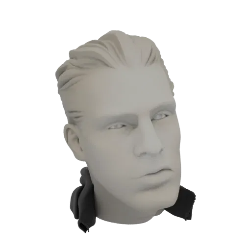 A 3D render of a stylized male head with slicked-back hair and a prominent dark collar, presented against a white background.