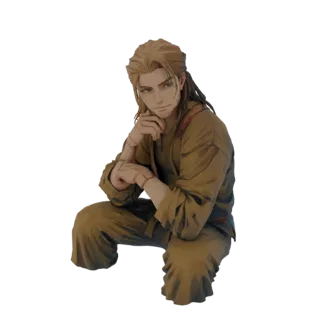 3D model of a young man with light brown hair, wearing earth-toned clothing, crouching thoughtfully with his hand on his chin