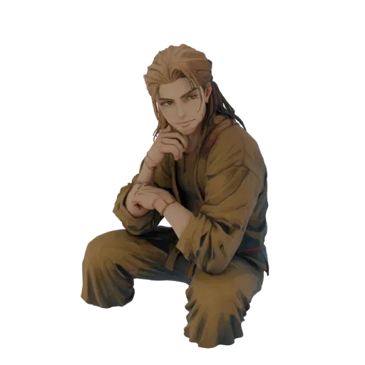 3D model of a young man with light brown hair, wearing earth-toned clothing, crouching thoughtfully with his hand on his chin