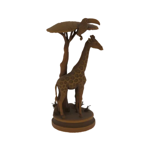 3D model of an African savannah scene with a giraffe standing next to an acacia tree with a toucan on a branch.
