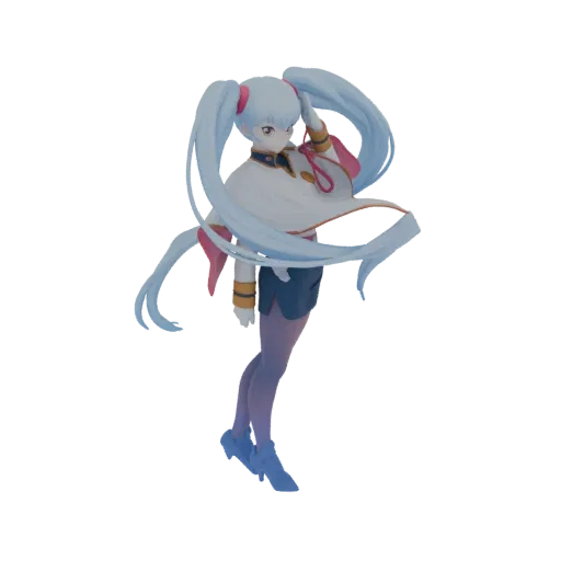 3D model of an anime girl with long blue pigtails, wearing a white cape and a dark skirt, in a dynamic pose.