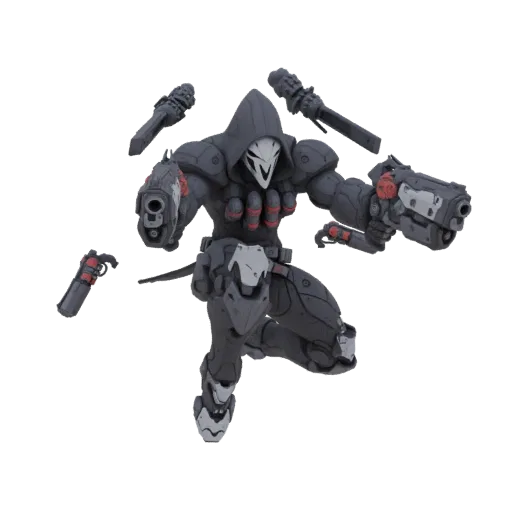 Modelo 3D do Reaper de Overwatch em sua skin "Pistoleiro", segurando duas espingardas Hellfire em uma pose de ação dinâmica.