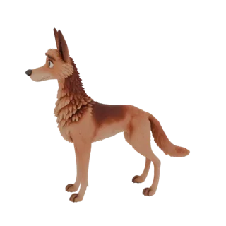 Modelo 3D de perro-chacal estilizado con melena peluda, color marrón rojizo y hocico expresivo, vista lateral