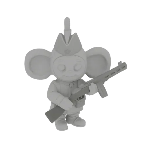 3D model of Cheburashka dressed as a Soviet soldier, holding a PPSh-41 submachine gun, with a red star on his cap.