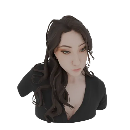 Render de modelo 3D de busto de mujer con cabello largo oscuro y top negro, mirando hacia abajo con expresión serena.