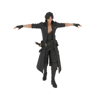 Modelo 3D de guerreiro com manto preto e traje tático, com katana no cinto, em pose T-pose, vista frontal.