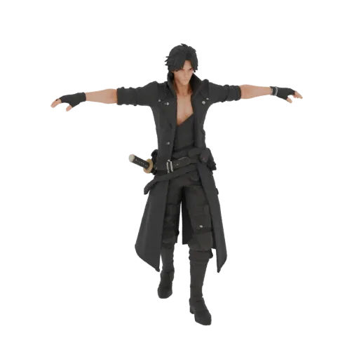 Modello 3D di guerriero con mantello nero e costume tattico, con katana alla cintura, in posa T-pose, vista frontale.