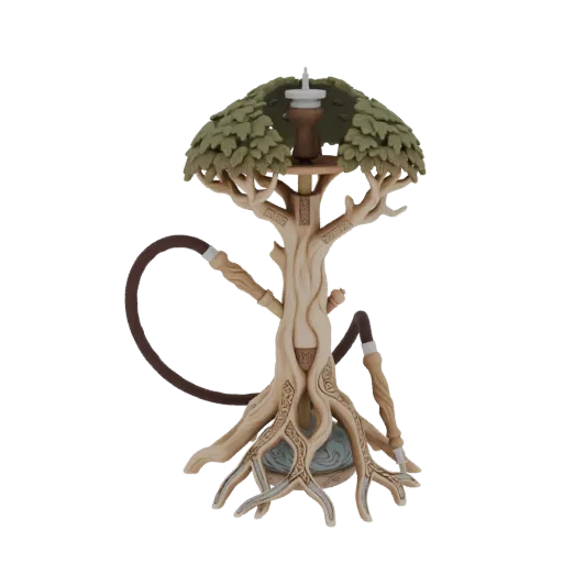 3D model of a hookah designed as an enchanted tree with roots, branches, leaves, and a dark hose.