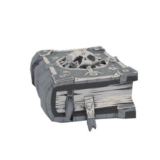 3D model of a closed grimoire with a skull on the cover, arcane symbols, and aged pages, rendered against a black background.